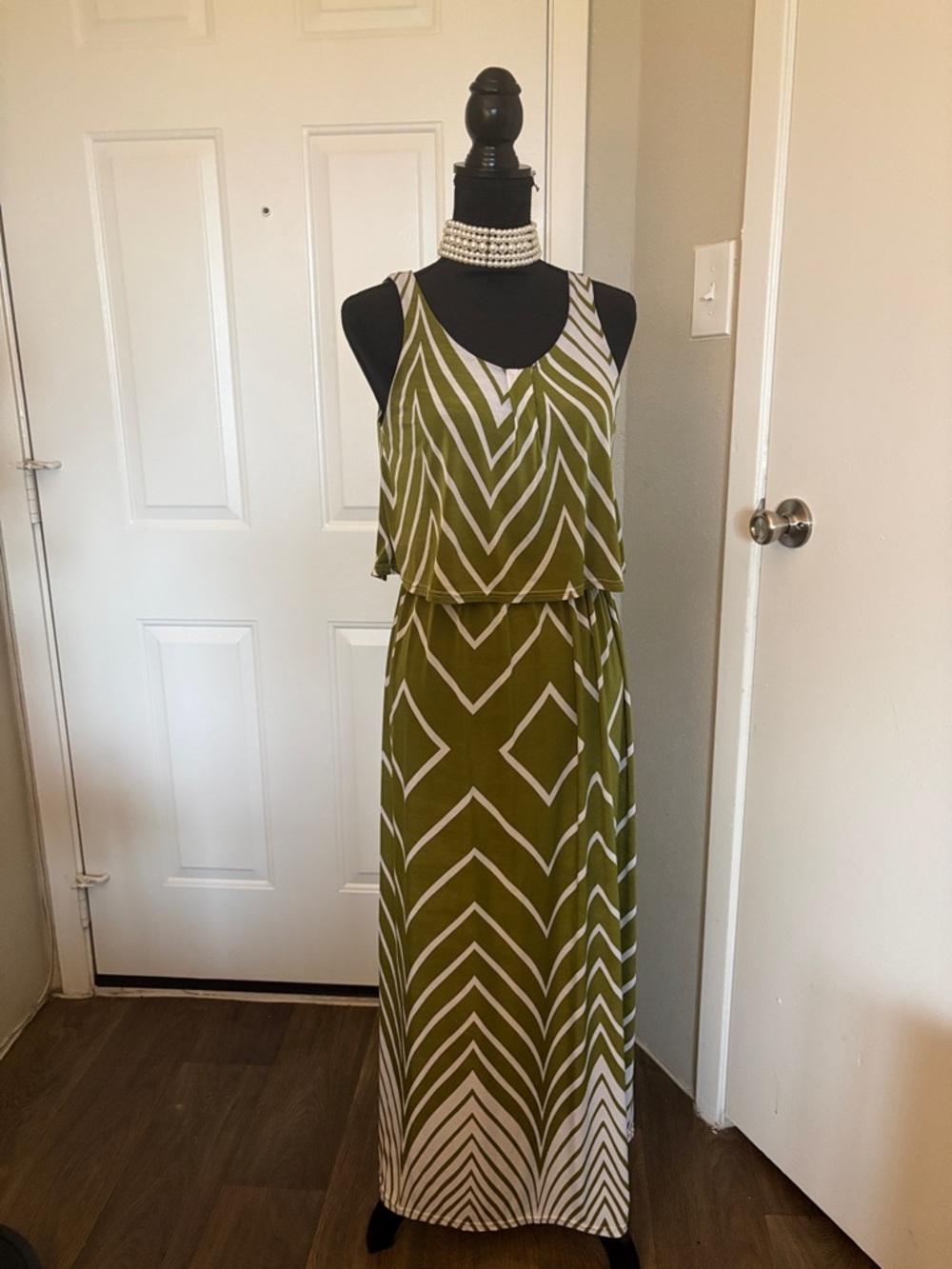 Sleeveless Olive Chevron Maxi Dress with Layered Bodice
